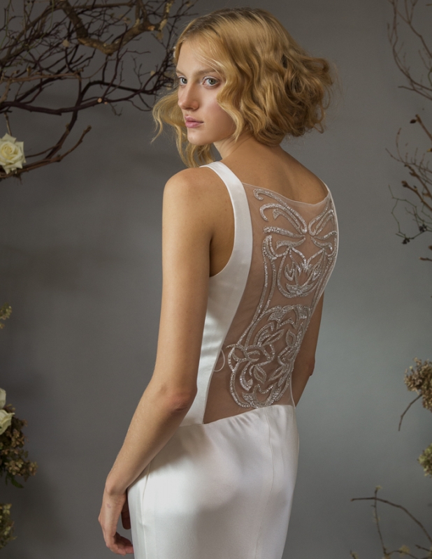 Elizabeth Fillmore - Fall Bridal 2014 Collection - Gisele Wedding Dress: crepe back satin bias sheathe with sheer serpentine beaded back</p>

<p